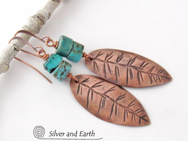 Natural Turquoise & Copper Feather Earrings - Earthy Rustic Southwest Style Jewelry
