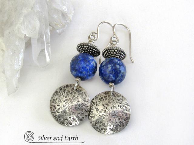 Round Textured Sterling Silver Dangle Earrings with Faceted Blue Lapis Lazuli Gemstones 