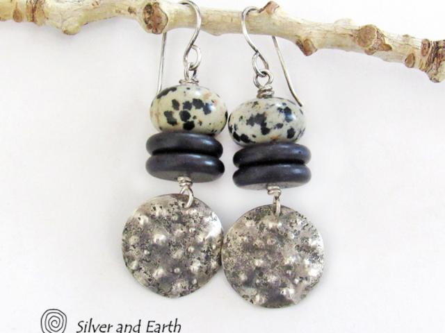 Sterling Silver Dangle Earrings with Natural Dalmatian Jasper Stones - Rustic Earthy Silver & Stone Jewelry