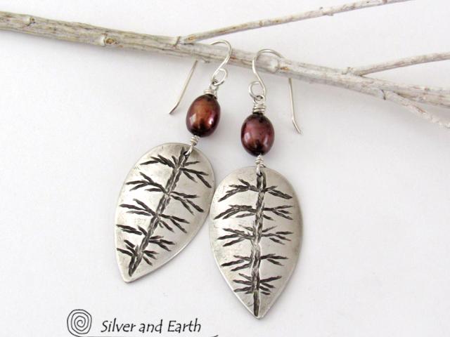 Small Sterling Silver Leaf Earrings with Bronze Pearls - Nature Jewelry