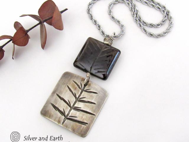 Smoky Quartz Sterling Silver Pendant Necklace with Hand Stamped Twig Pattern - Earthy Nature Jewelry