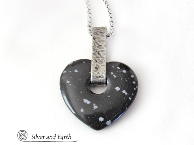 Snowflake Obsidian Heart Shaped Stone Necklace - Romantic Jewelry