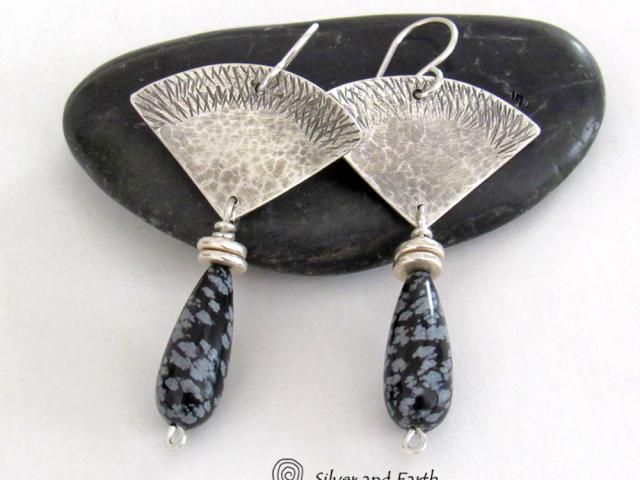 Modern Sterling Silver Earrings with Natural Snowflake Obsidian Gemstone Dangles 