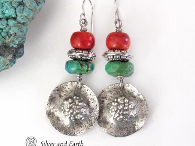 Sterling Silver Turquoise and Red Coral Earrings - Boho Chic Southwest Style Jewelry