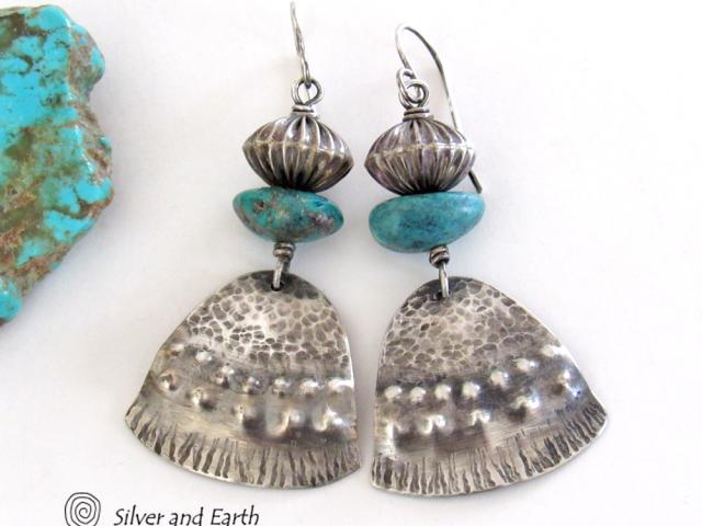 Textured Sterling Silver & Turquoise Earrings - Unique Handcrafted Southwest Style Jewelry