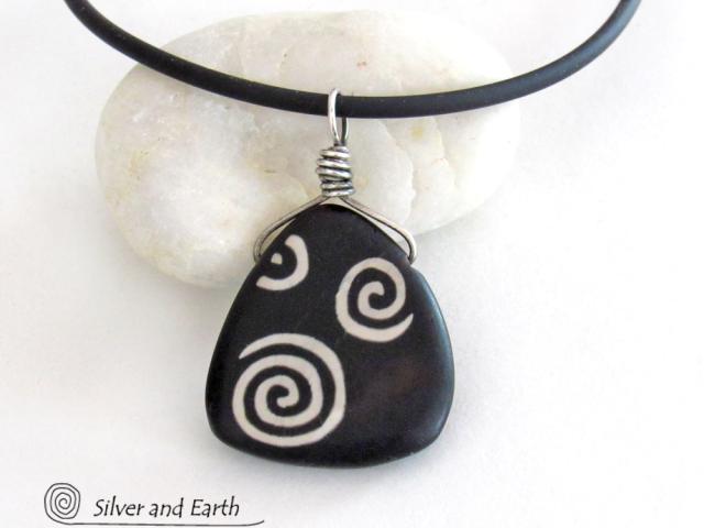 Black and White Ceramic Spiral Necklace with Sterling Silver Bail 