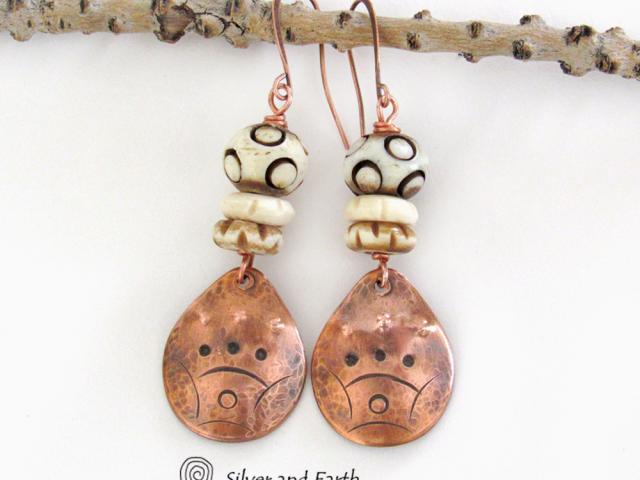 Copper Boho Earrings with Carved Bone - African Tribal Jewelry