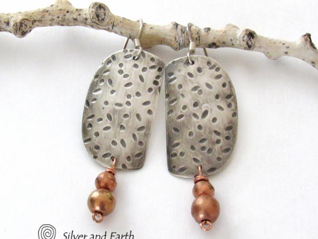 Hand Stamped Sterling Silver Earrings with Copper Beads - Rustic Modern Mixed Metal Jewelry