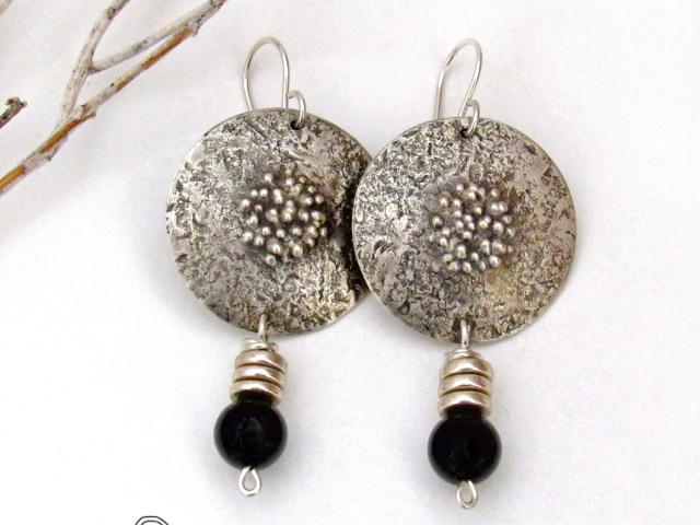 Textured Sterling Silver Earrings with Black Onyx Dangles - Chic Modern Stylish Jewelry