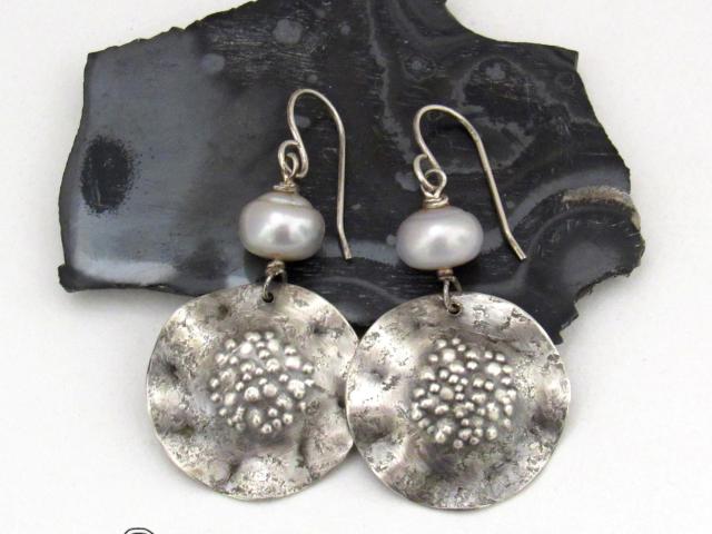 Hammered Sterling Silver Earrings with Silver Freshwater Pearls - Earthy Organic Modern Chic Artisan Handcrafted Jewelry