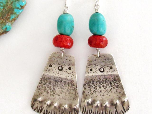 Sterling Silver and Turquoise Earrings with Red Coral - Southwest Style Artisan Handcrafted Jewelry