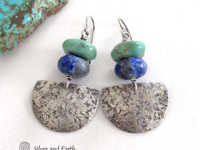 Sterling Silver Earrings with Chunky Natural Turquoise & Blue Lapis Stones - Handcrafted Modern Southwest Style Jewelry