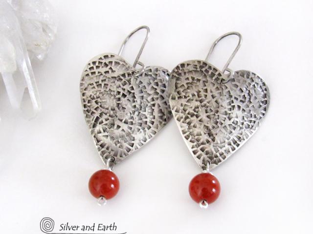 Sterling Silver Heart Earrings with Red Jasper Stone Dangles - Romantic Jewelry Gifts for Women