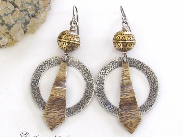 Sterling Silver Mixed Metal Hoop Earrings with Brass Beads - Bohemian Tribal Jewelry