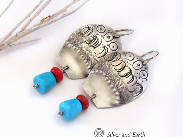 Sterling Silver Earrings with Sleeping Beauty Turquoise & Red Coral - Southwestern Tribal Jewelry