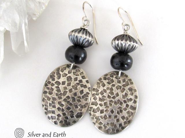 Tribal Sterling Silver Earrings with Black Beads - Earthy Rustic Silver Jewelry