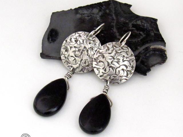 Sterling Silver Earrings with Dangling Black Onyx Gemstones - Handcrafted Silver Jewelry