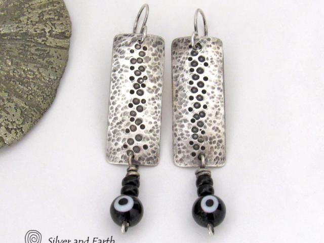 Hammered Sterling Silver Earrings with Black Onyx Stones & Glass Beads - Unique Handmade Modern Silver Jewelry