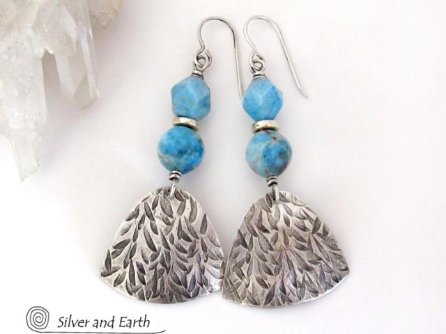 Textured Sterling Silver Earrings with Blue Apatite Gemstones -  Artisan Handcrafted Modern Sterling & Stone Jewelry