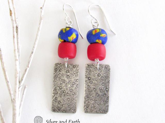 Boho Tribal Sterling Silver Earrings with Colorful African Glass Beads 