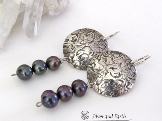 Classic Modern Sterling Silver Earrings with Dangling Peacock Blue Freshwater Pearls