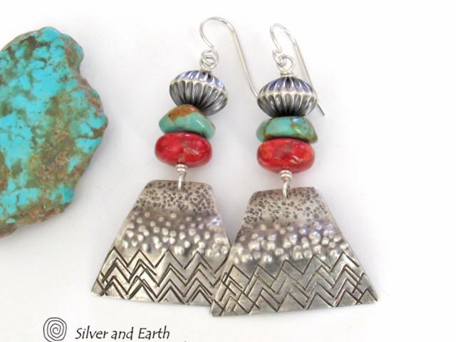 Sterling Silver Earrings with Turquoise and Red Coral - Modern Southwest Jewelry