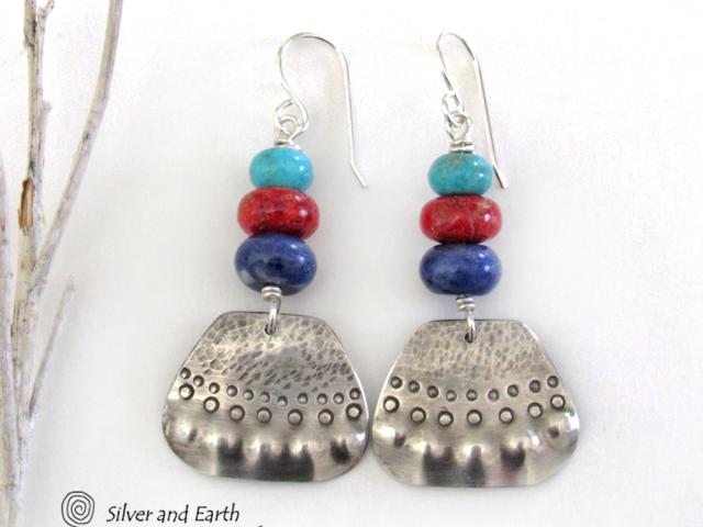 Sterling Silver Earrings with Turquoise, Red Coral & Sodalite - Artisan Handcrafted Boho Tribal Jewelry