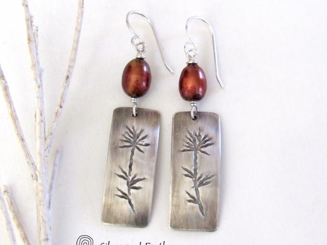 Sterling Silver Nature Earrings with Bronze Pearls and Flower Pattern