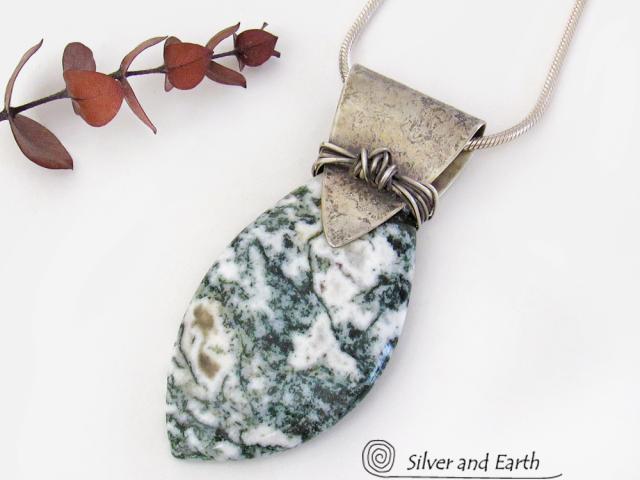 Green Tree Jasper Sterling Silver Necklace - Unique Natural Stone Jewelry