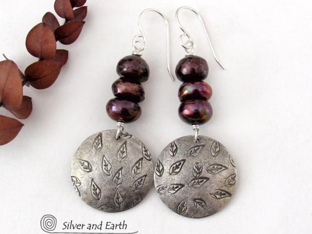 Sterling Silver Earrings with Hand Stamped Leaves & Dark Bronze Pearls - Earthy Nature Jewelry