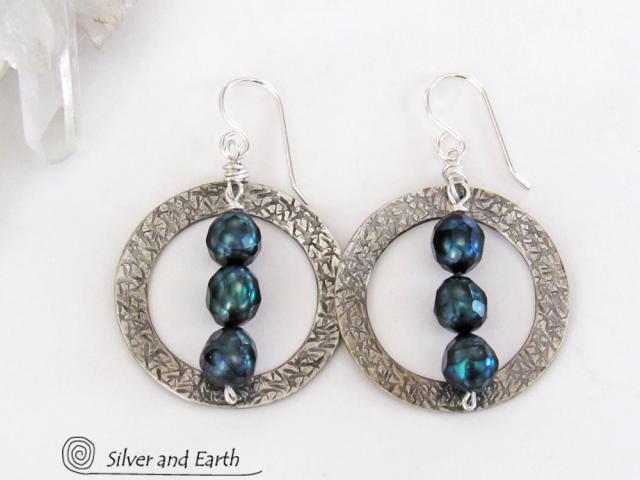 Sterling Silver Hoop Earrings with Faceted Blue Freshwater Pearls - Dressy Elegant Modern Silver Jewelry