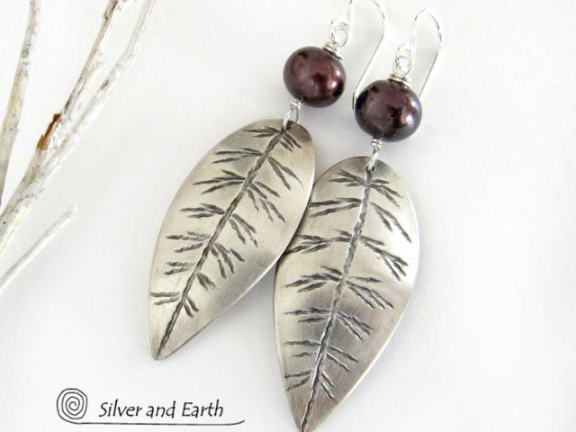 Sterling Silver Leaf Earrings with Bronze Pearls - Earthy Nature Jewelry