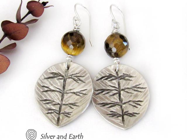 Sterling Silver Leaf Earrings with Brown Tiger's Eye Stones - Earthy Nature Jewelry