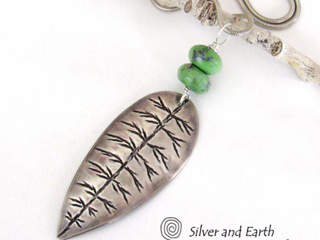 Sterling Silver Leaf Necklace with Green Serpentine Stones - Nature Inspired Jewelry