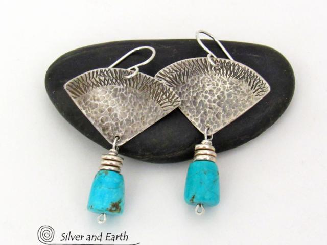 Textured Sterling Silver Earrings with American Sleeping Beauty Turquoise Stone Dangles