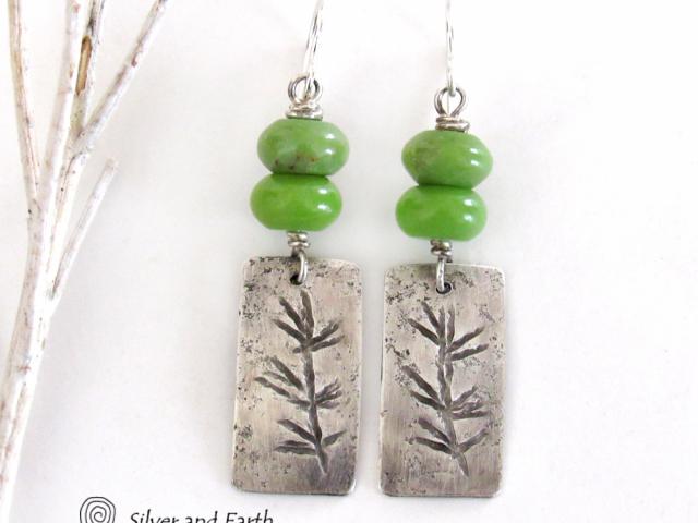 Sterling Silver Earrings with Twig Design & Green Serpentine Stones - Earthy Nature Jewelry