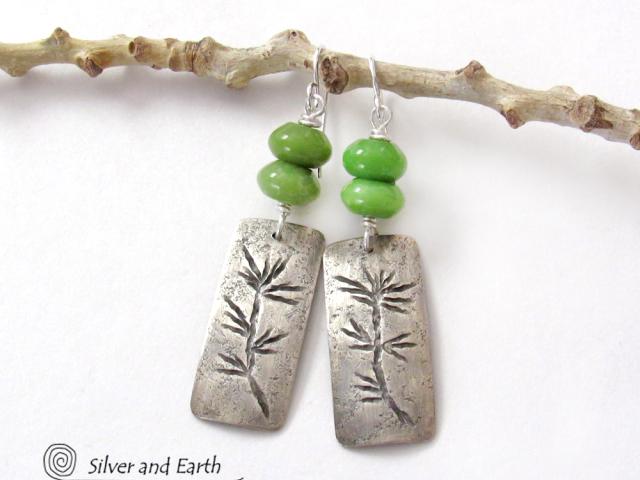 Sterling Silver Earrings with Twig Design & Green Serpentine Stones - Earthy Nature Jewelry