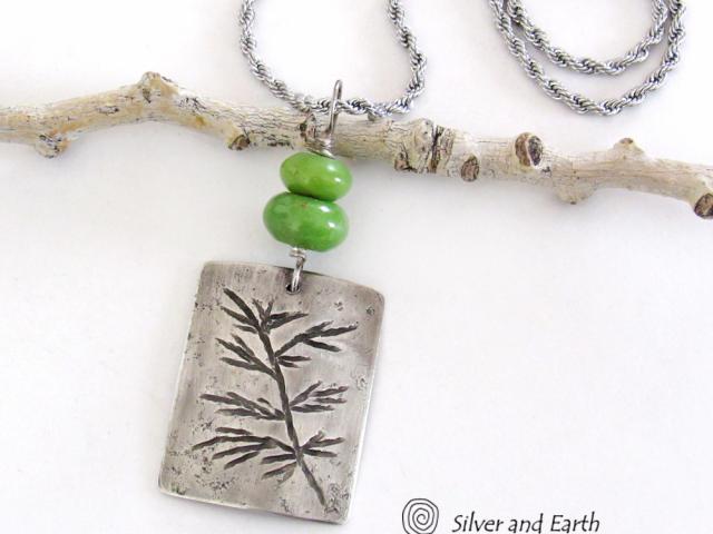 Sterling Silver Necklace with Hand Stamped Twig Design & Green Serpentine Stones - Earthy Nature Jewelry
