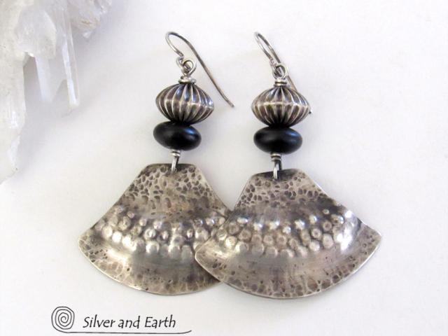 Sterling Silver Earrings with Matte Black & Sterling Silver Beads - Bold Modern Southwestern Style Jewelry