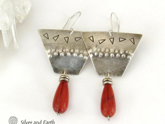 Textured Sterling Silver Earrings with Dangling Red Jasper Stones - Bold Unique Tribal Style Handcrafted Jewelry