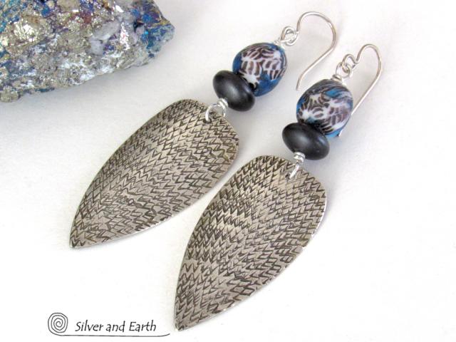 Sterling Silver Tribal Spear Earrings with Multi Colored Blue and Black African Glass Beads