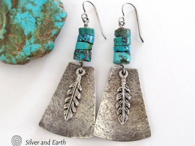 Sterling Silver Earrings with Turquoise and Feathers - Modern Southwest Style Jewelry