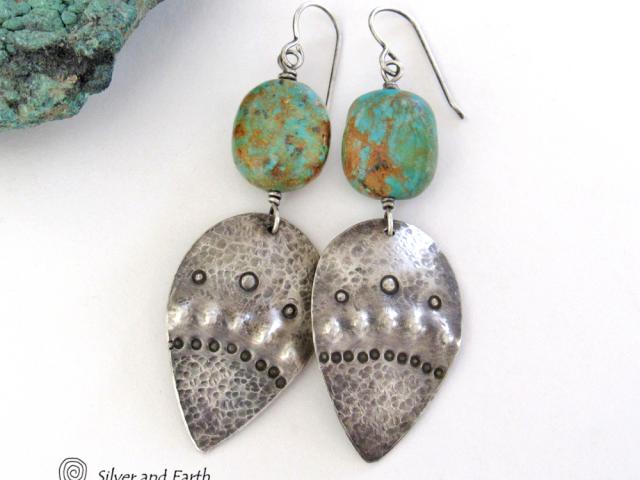 Sterling Silver Earrings with Natural Turquoise Stones - Tribal Southwestern Style Jewelry