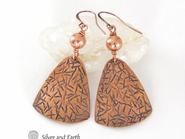 Textured Copper Dangle Earrings with Satin Brushed Copper Beads - Hand Forged Modern Metal Jewelry