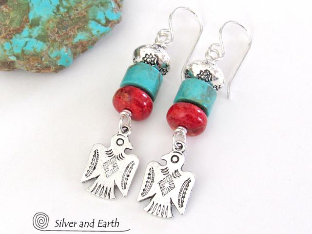 Silver Thunderbird Earrings with Turquoise & Red Coral - Boho Southwestern Jewelry