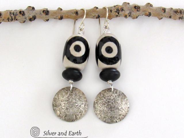 Sterling Silver Earrings with Black & White Tibetan Eye Agate Stones - Ethnic Tribal Style Jewelry