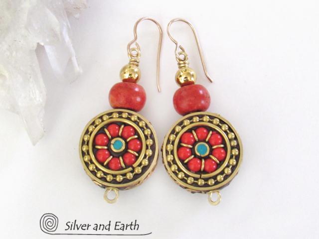 Tibetan Brass Earrings with Red Coral Inlaid Beads - Bold Exotic Bohemian Ethnic Style Jewelry