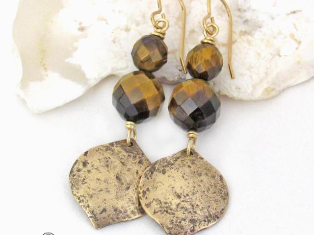 Faceted Golden Brown Tiger's Eye Gemstone Earrings Accented with Hammered Gold Brass Dangles