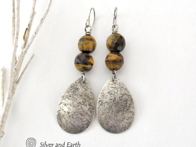 Faceted Brown Tiger's Eye Sterling Silver Dangle Earrings - Handcrafted Earthy Natural Stone Jewelry