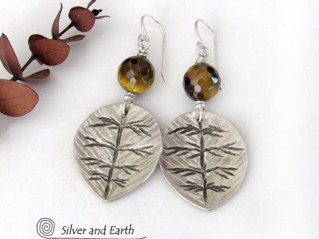 Sterling Silver Leaf Earrings with Brown Tiger's Eye Stones - Earthy Nature Jewelry